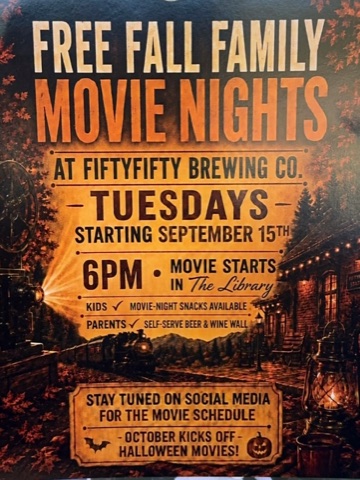 A poster for Free Fall Family Movie Nights at FiftyFifty Brewing Co., photographed in a window
