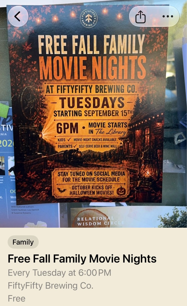 An event page: the FiftyFifty movie nights poster in a window, and under it the title, Every Tuesday at 6:00 PM, FiftyFifty Brewing Co., Free