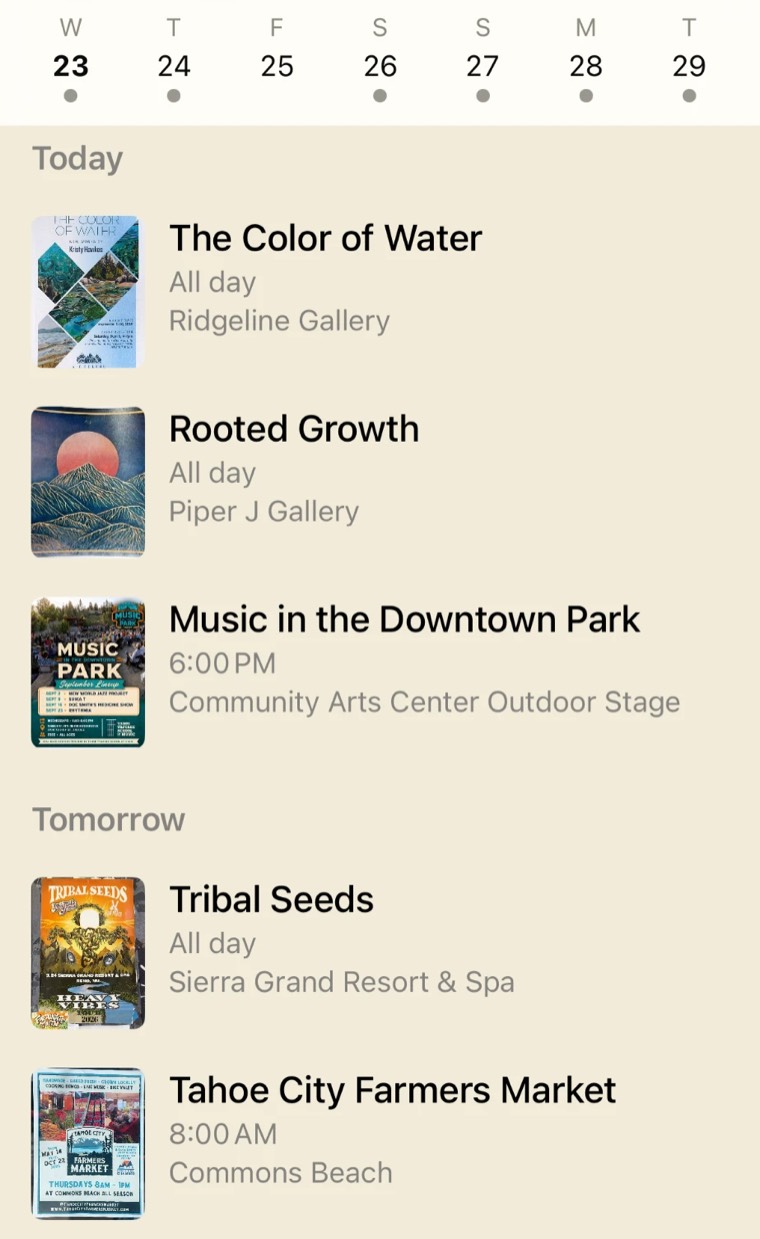 The Plans list: today and tomorrow in Truckee, each event with the poster it came from